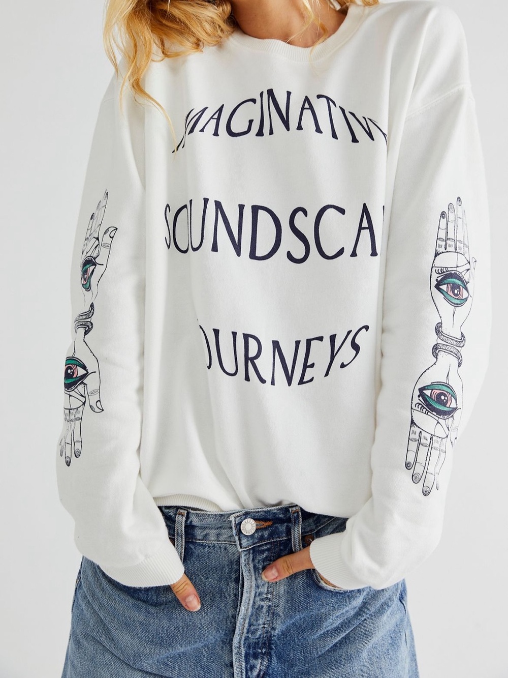 The OneTeaspoon Deeper Sounds Hand of Wisdom Sweater Graphic Eye-Print Cream
